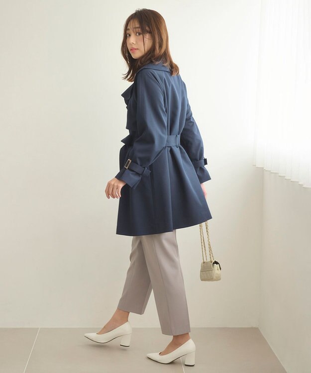 Feroux 【洗える】ラッフルカラーミドル丈 トレンチ ネイビー系