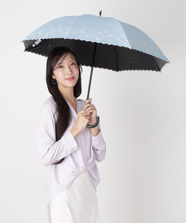 MOONBAT 【遮光率100％/遮熱/UV】LANVIN en Bleu (ランバン オン ブルー)晴雨兼用日傘 フラワーグリッター シルバースカラ刺繍 花柄 長傘 ターコイズブルー