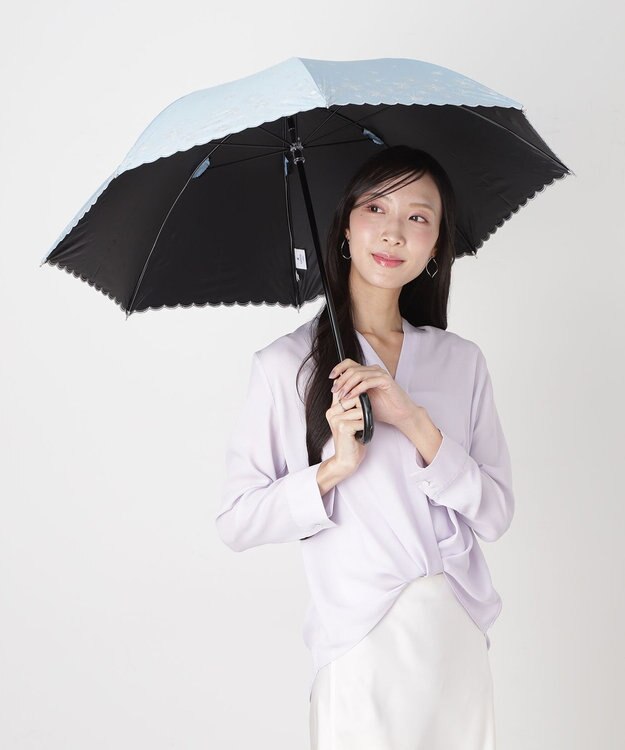 MOONBAT 【遮光率100％/遮熱/UV】LANVIN en Bleu (ランバン オン ブルー)晴雨兼用日傘 フラワーグリッター シルバースカラ刺繍 花柄 長傘 ターコイズブルー