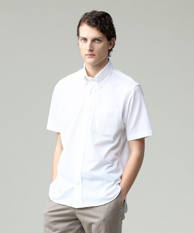 J.PRESS MEN 酷暑の清潔感もこれ一枚で【吸水速乾 / 抗菌防臭 / 防シワ】【J.PRESS OXFORD JERSEY】カノコインレイ半袖 シャツ / B.D. ホワイト系