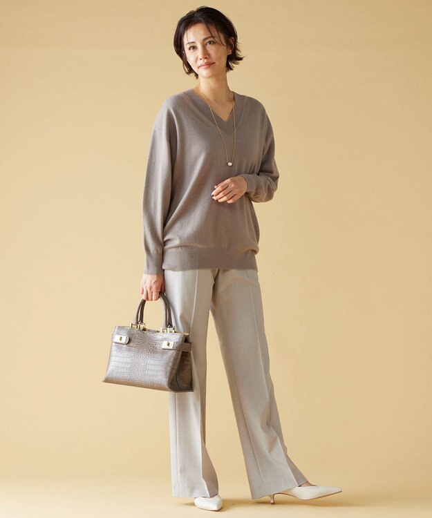 自由区 L 【洗える】ピュアカシミヤVネック ニット モーブ