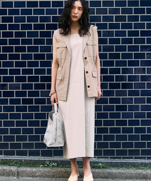 23区 【洗える】リネンレーヨンストレッチ  Iライン キャミソール ワンピース ベージュ系