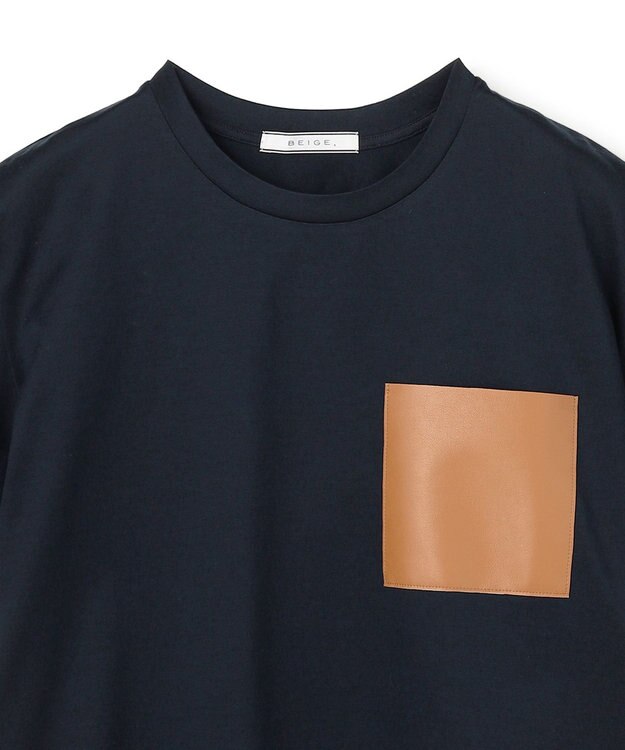 BEIGE， TORENIA / レザーポケットコットンクルーネックTシャツ Navy×Camel