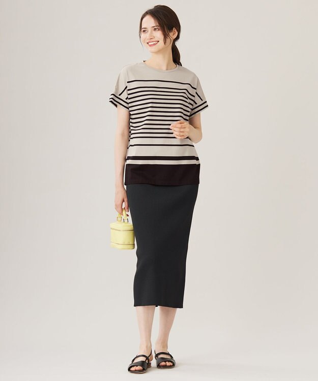 自由区 L 【洗える】ハイカウントボーダー カットソー ベージュ×ブラック