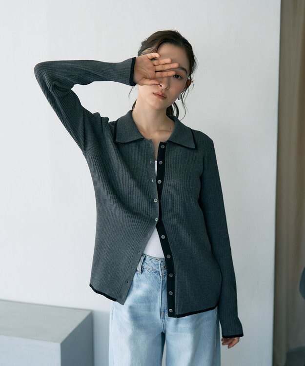 earth music&ecology バイカラートリムロングニットカーディガン Charcoal Gray