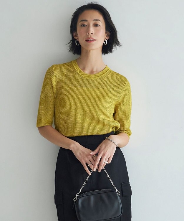 ICB 【WEB限定カラーあり・洗える】 ペーパーブレンドシャインニット 5分袖プルオーバー イエロー系