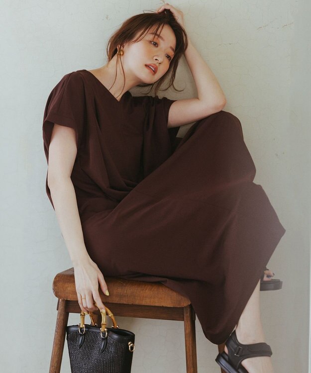 ANY 【洗濯機可/ストレッチ】ナチュラルワッシャーワンピース ブラウン