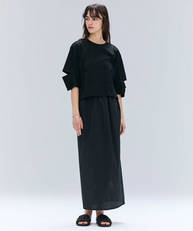 BEIGE， 【洗える】DUOMO / コットンスリットスリーブトップス Black