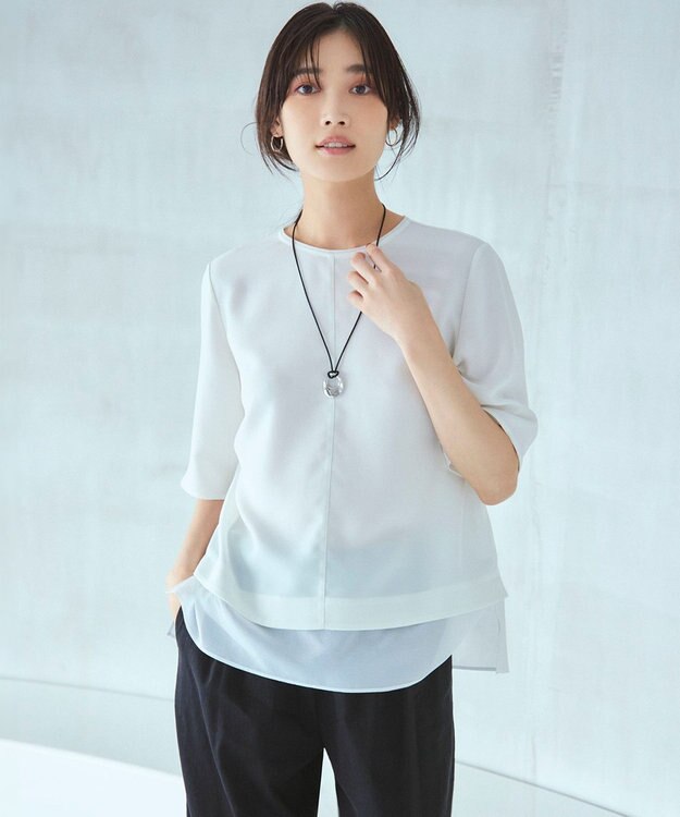 23区 【吸水速乾/UVカット/接触冷感】ストレッチジョーゼット シアーコンビ カットソー ホワイト系