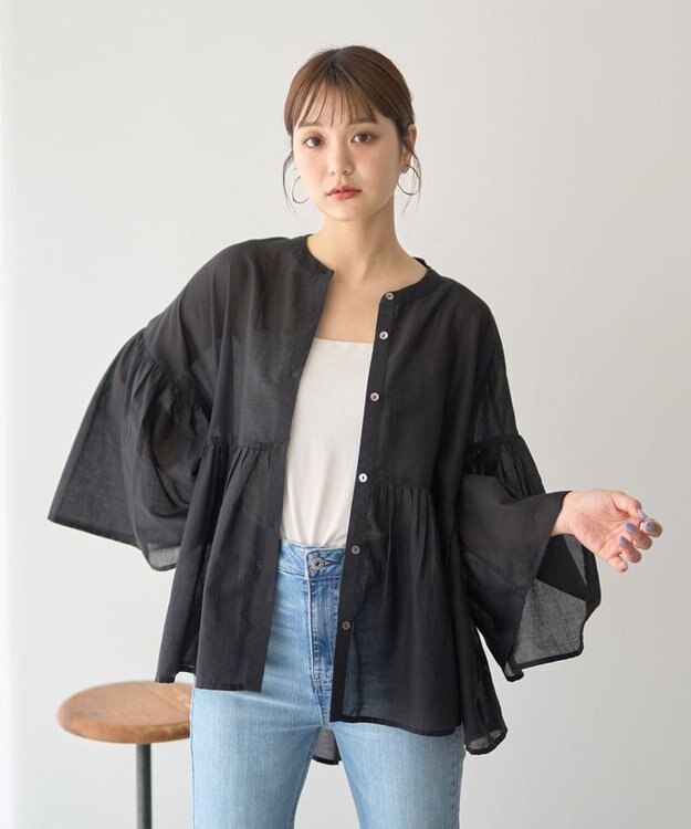 earth music&ecology コットンボイルギャザーシャツ Black