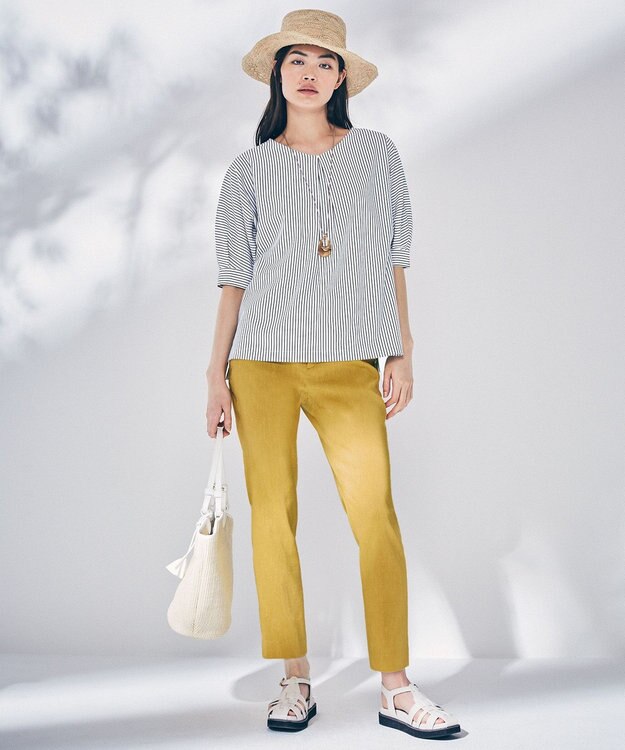 23区 L 【洗える】リネンレーヨンストレッチ テーパード パンツ イエロー系