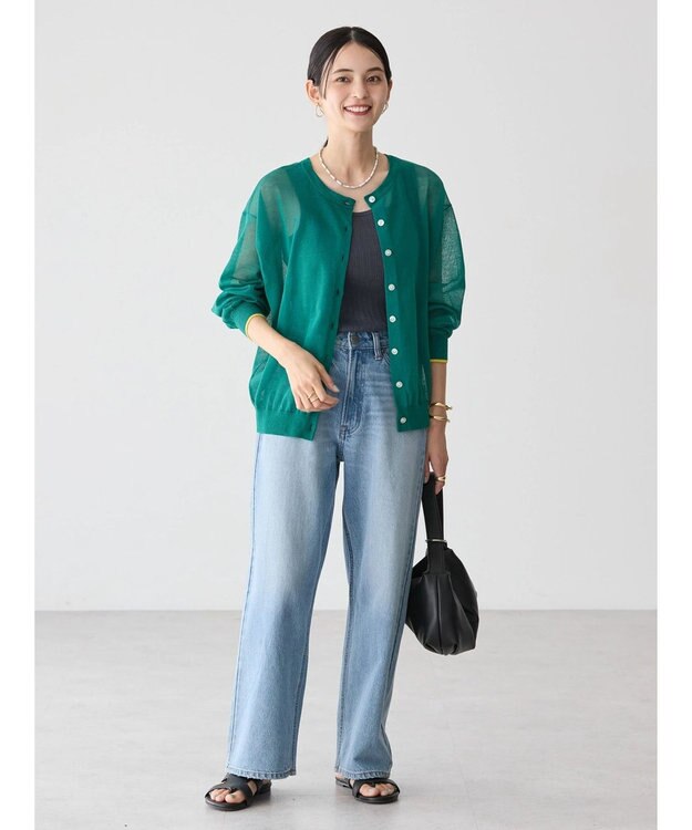 AMERICAN HOLIC バイカラーシアーニットカーディガン Green