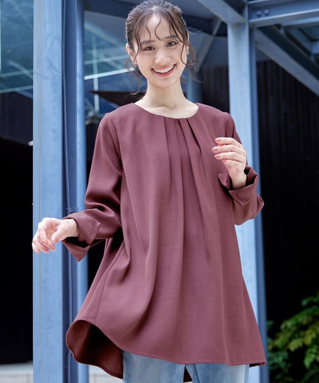 Tiaclasse L 【洗える】フロントタックバックギャザーフレアチュニックブラウス モーヴピンク