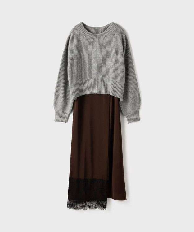 GRACE CONTINENTAL サテンレースニットワンピース グレー