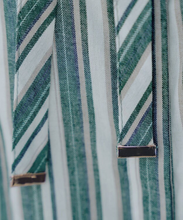 Tiaclasse 【洗える】麻調前開きフレンチワンピース グリーンストライプ