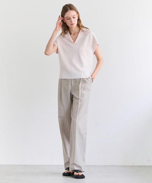 BEIGE， ERYTH / リネンストライプ タックワイドパンツ Flax × Bordeaux