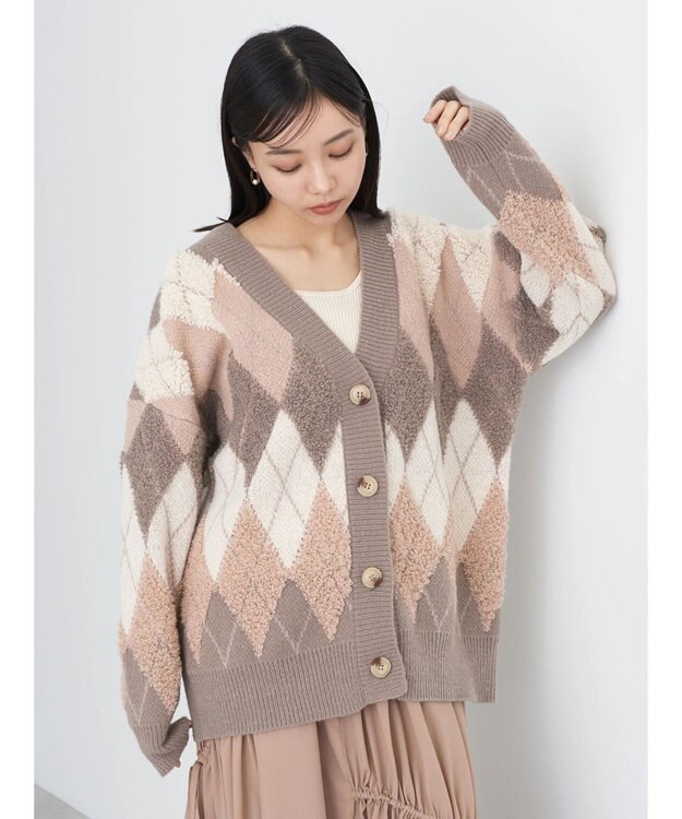 earth music&ecology ループ編みアーガイルカーディガン Beige