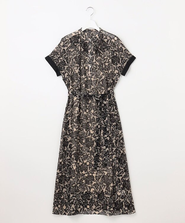 23区 ボタニカルプリント フレア ワンピース ベージュ×ブラックプリント
