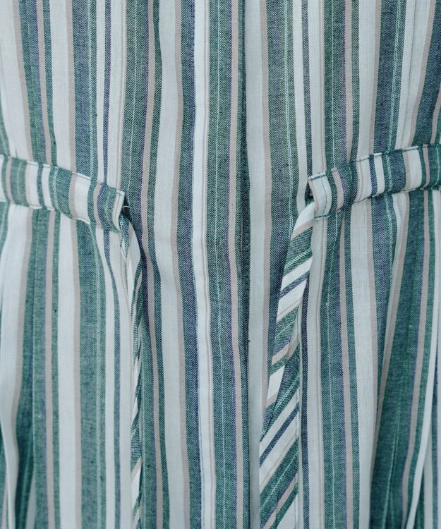 Tiaclasse 【洗える】麻調前開きフレンチワンピース グリーンストライプ