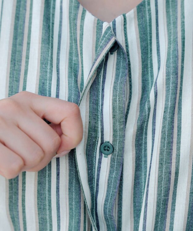 Tiaclasse 【洗える】麻調前開きフレンチワンピース グリーンストライプ