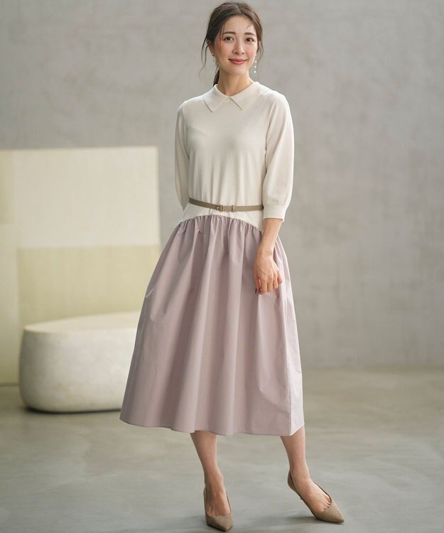 組曲 襟付きドッキング ニットワンピース ベージュ系