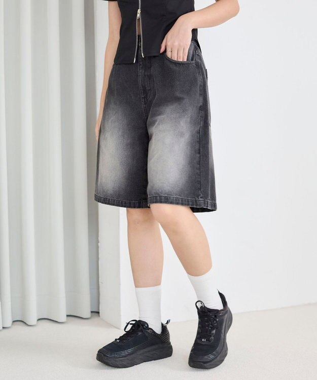 WEGO 【SMサイズ展開】ヴィンテージウォッシュデニムハーフパンツ ブラック