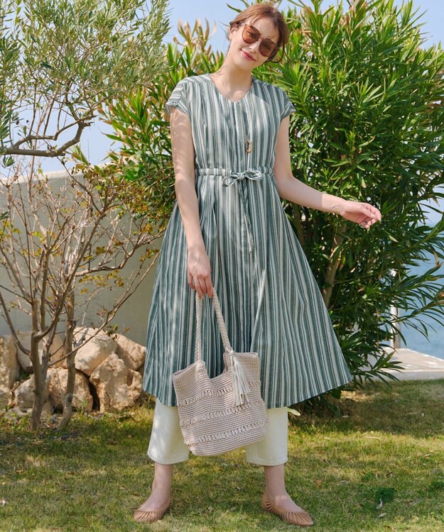 Tiaclasse 【洗える】麻調前開きフレンチワンピース グリーンストライプ