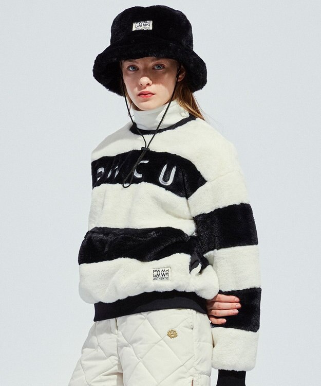 PW CIRCULUS 【ふわもこあったか/防寒/裏地付】【WOMEN】ボーダーフェイクファープルオーバー ブラック系1