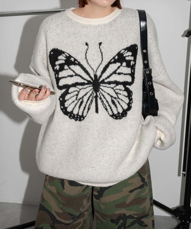 WEGO モチーフグラフィックフラッフィーニットプルオーバー ホワイトアイボリー