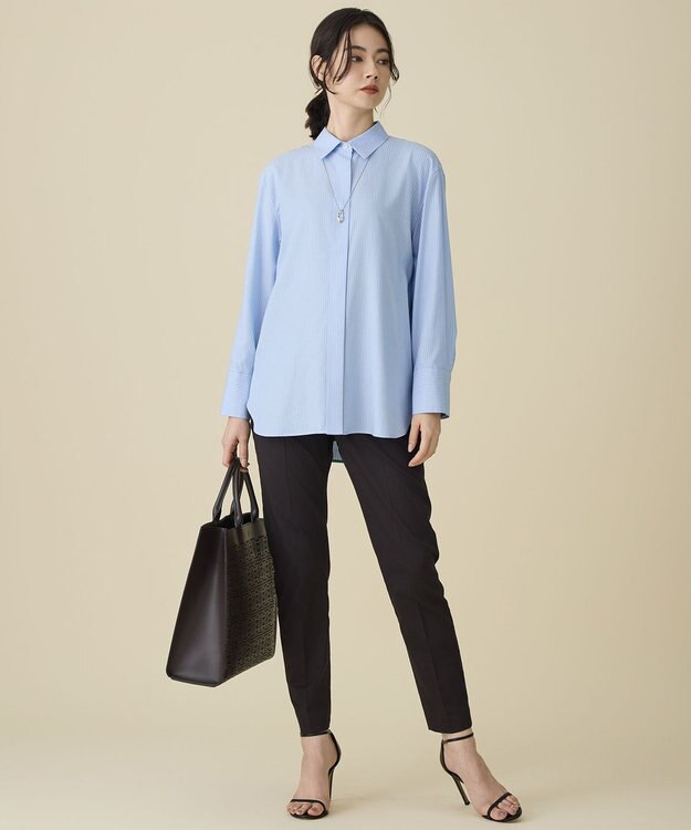 自由区 L ドレープブロード シャツブラウス サックス×白ライン