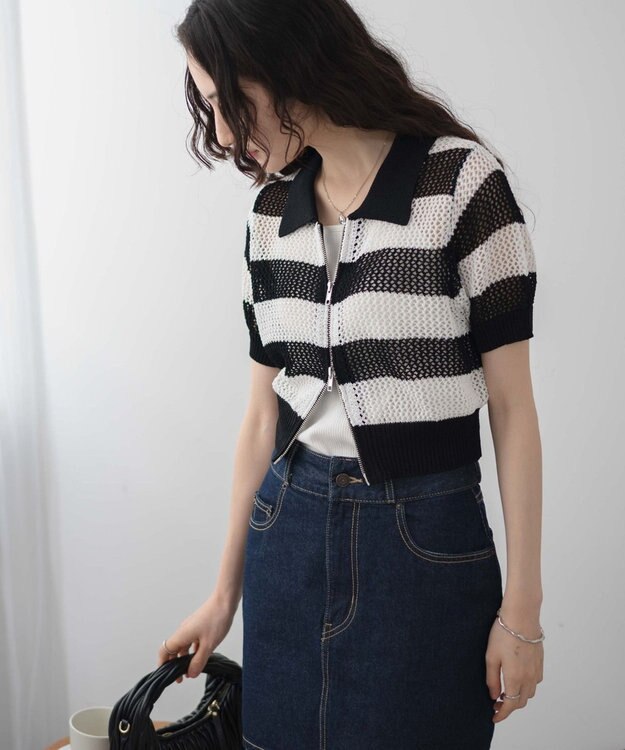 WEGO WZIPニットカーデ ホワイトボーダー