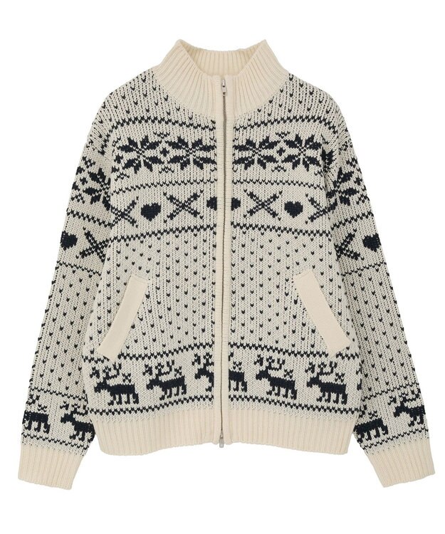 earth music&ecology ダブルzipノルディックカウチンニットカーディガン アイボリー