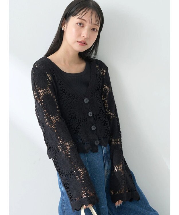 earth music&ecology クロシェ風カーディガン Black