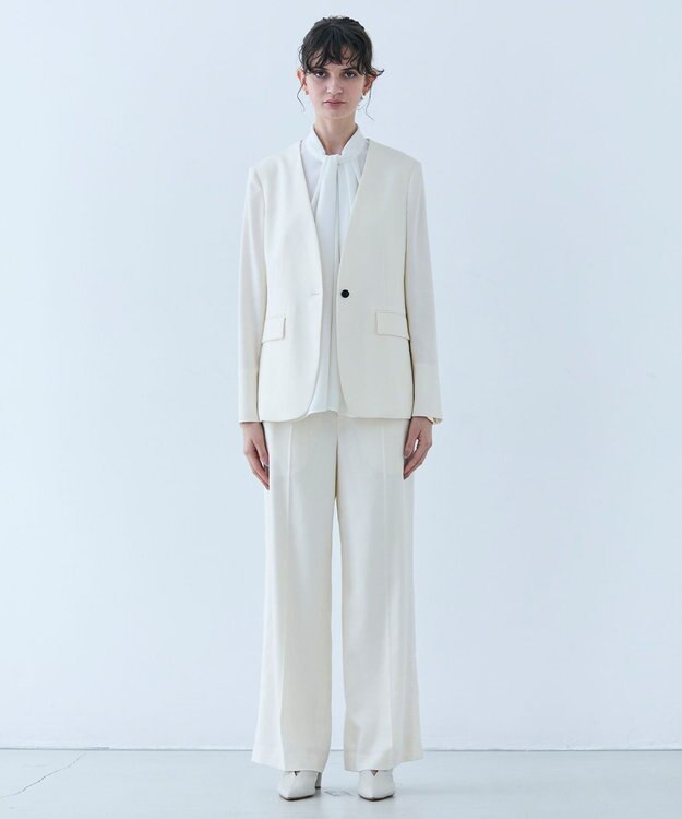 BEIGE， 【洗える】CAROLE / リネンライクノーカラーハーフ丈ジャケット Ecru