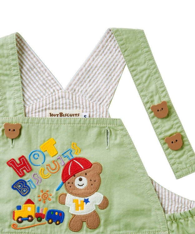 MIKI HOUSE HOT BISCUITS 【70-110cm】 レトロ ロゴ刺繍 オーバーオール ストームグリーン