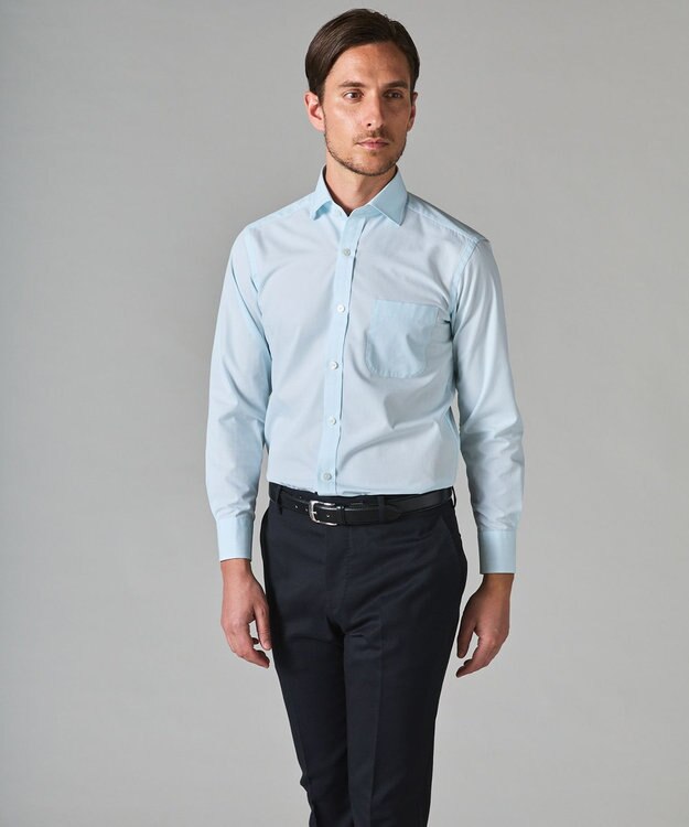 GOTAIRIKU 【形態安定】PREMIUMPLEATS_スモールワイドカラー 通年ドレスシャツ サックスブルー系