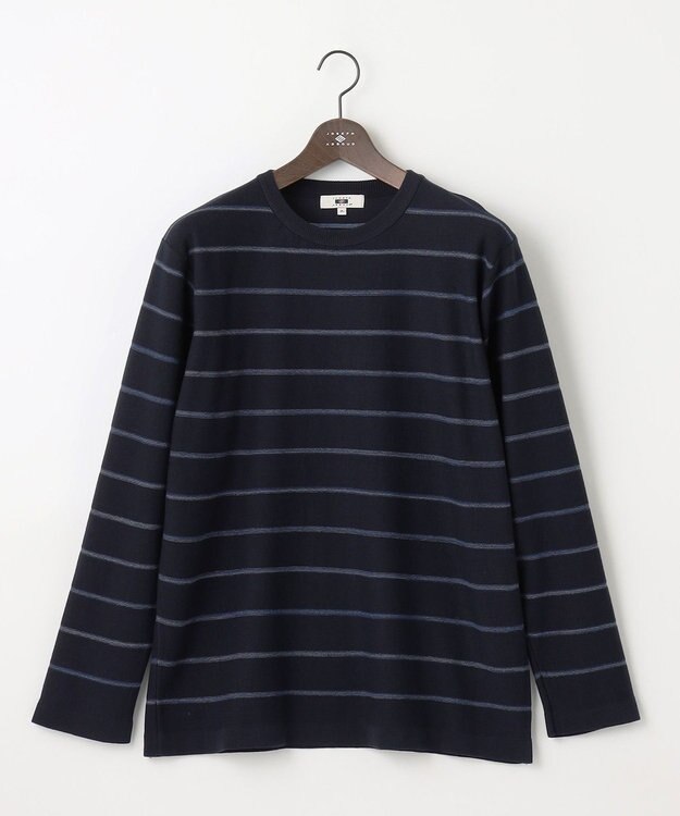 JOSEPH ABBOUD 【キングサイズ・洗える】コットンカスリボーダー クルーネック ニット ネイビー系2