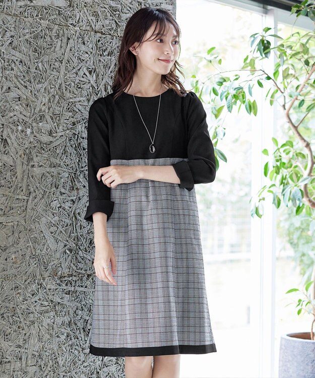 Tiaclasse 【洗える】チェックコンビエンパイアワンピース グレーチェック