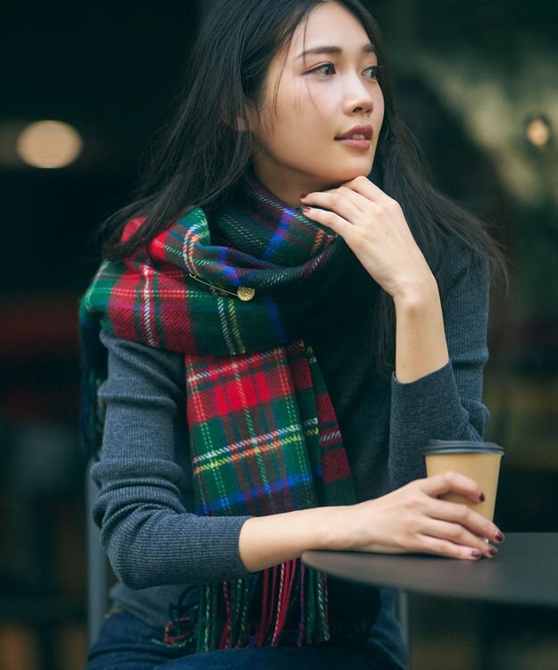 23区 カシミヤ チェック柄 ストール ブラック