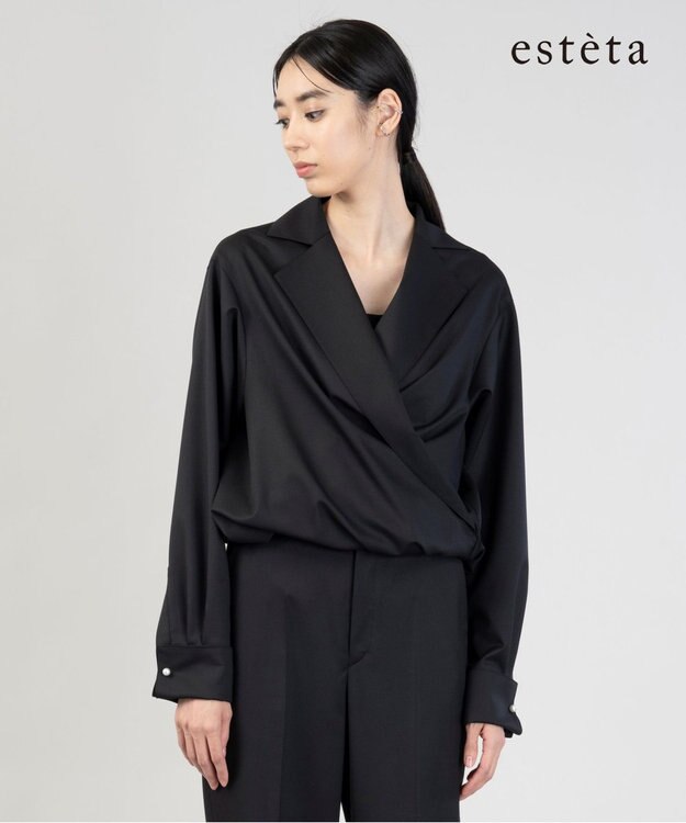 23区 L 【エステータ】ウールシルクギャバジン テーラードブラウス ブラック系