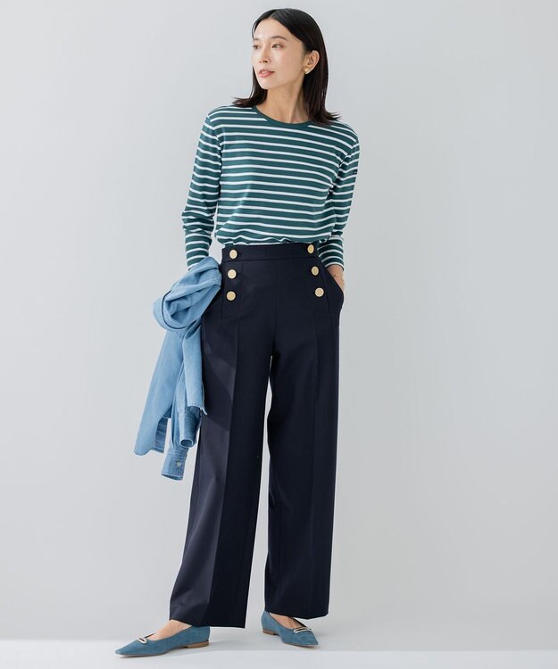 23区 L 【洗える】Armor-lux スムース ボーダー カットソー グリーン×ホワイトボーダー