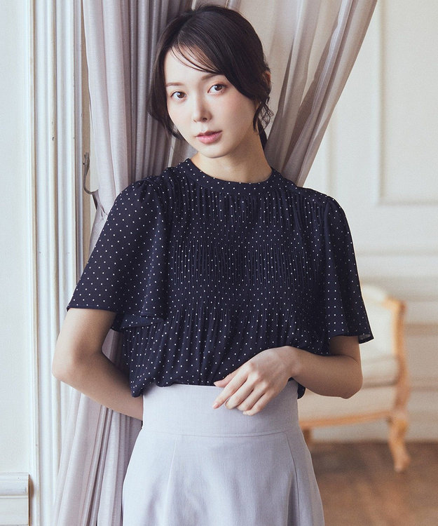 earth music&ecology マジョリカプリーツ半袖ブラウス Dot Navy