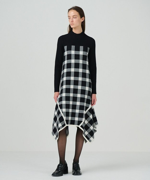 GRACE CONTINENTAL チェックイレヘムニットワンピース ブラック