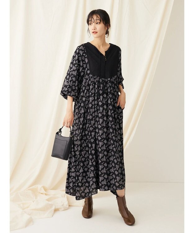 CRAFT STANDARD BOUTIQUE レーヨンキルト切り替えワンピース Flower Black