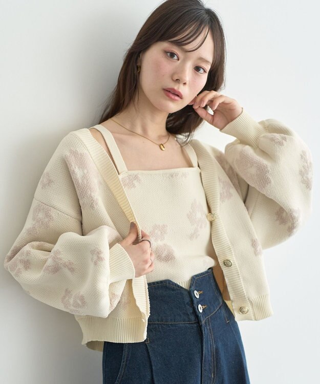earth music&ecology SET2点フラワージャガードカーデ+ビスチェ Ivory