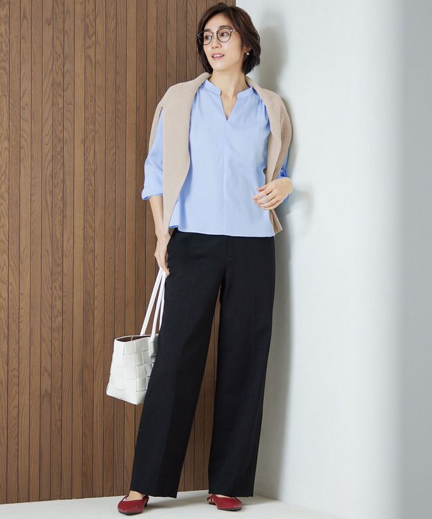 自由区 【洗える】SOMELOSクロップド丈 ブラウス サックス