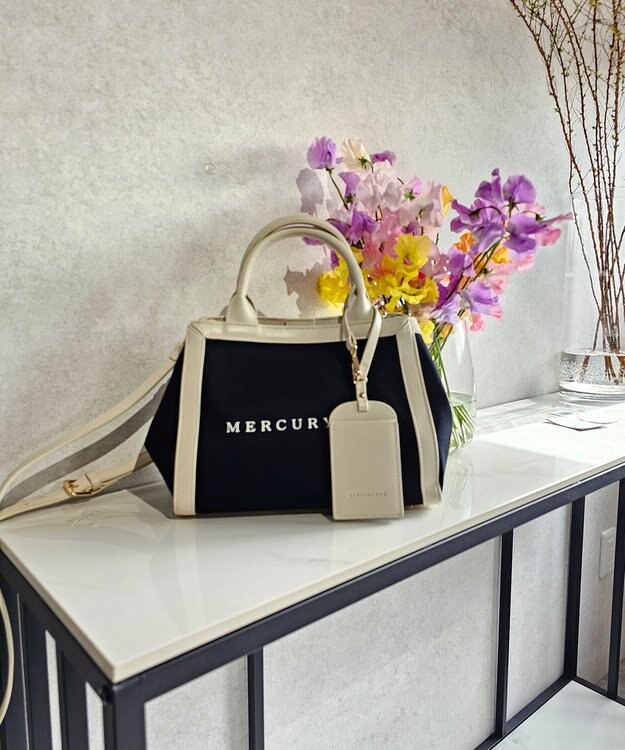 style code 【MERCURYDUO/マーキュリーデュオ】カードケース付 軽量キャンバスロゴ 2WAYトートバッグ ブラックアイボリー