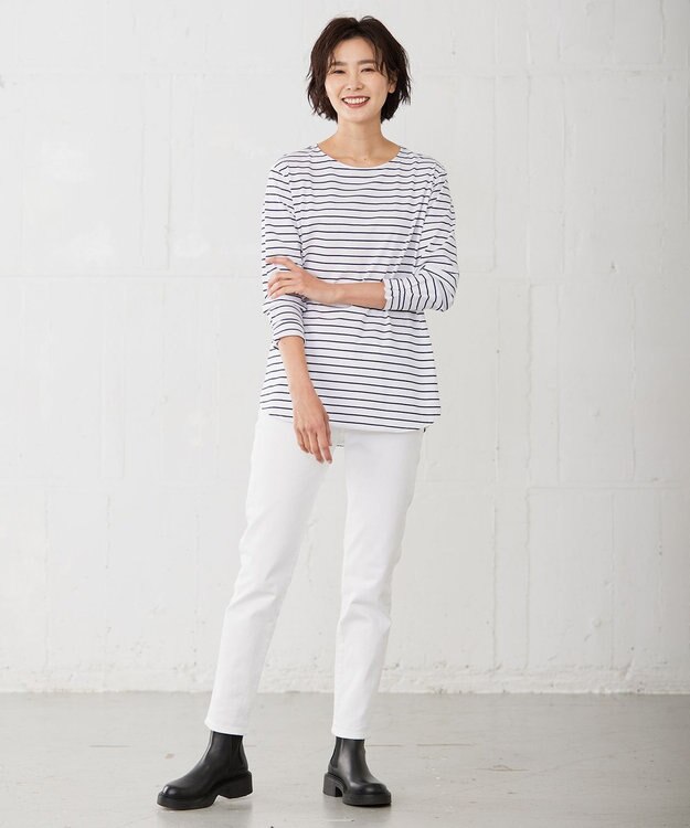 J.PRESS LADIES S ベーシックジャージー ボーダー ロングＴシャツ カットソー ホワイト系1