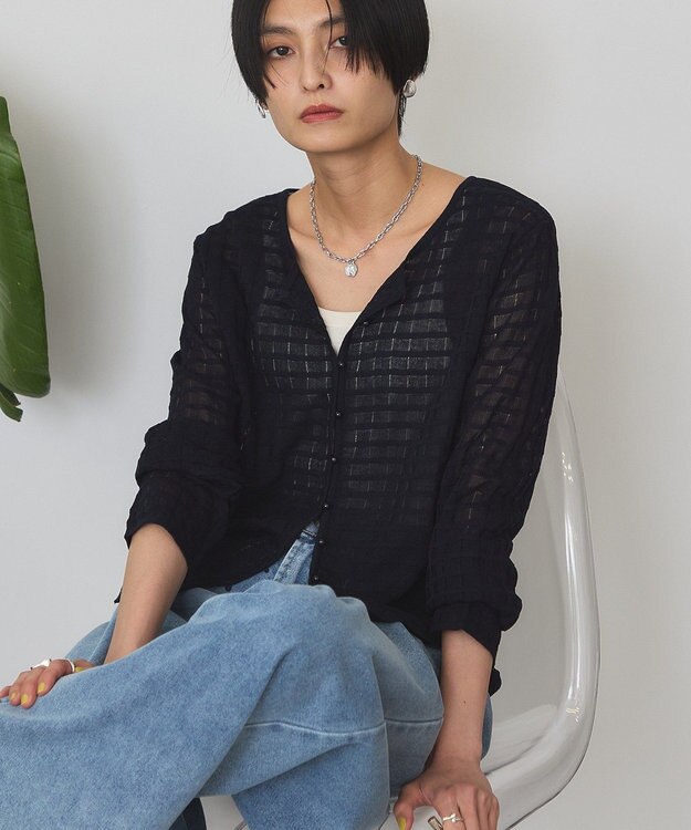 AMERICAN HOLIC シアーチェックカーディガン Dark Navy