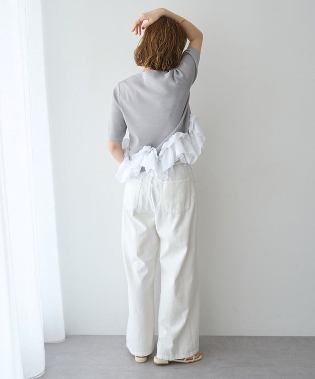 YECCA VECCA パール釦ラッフル5分袖カーディガン Gray mixture